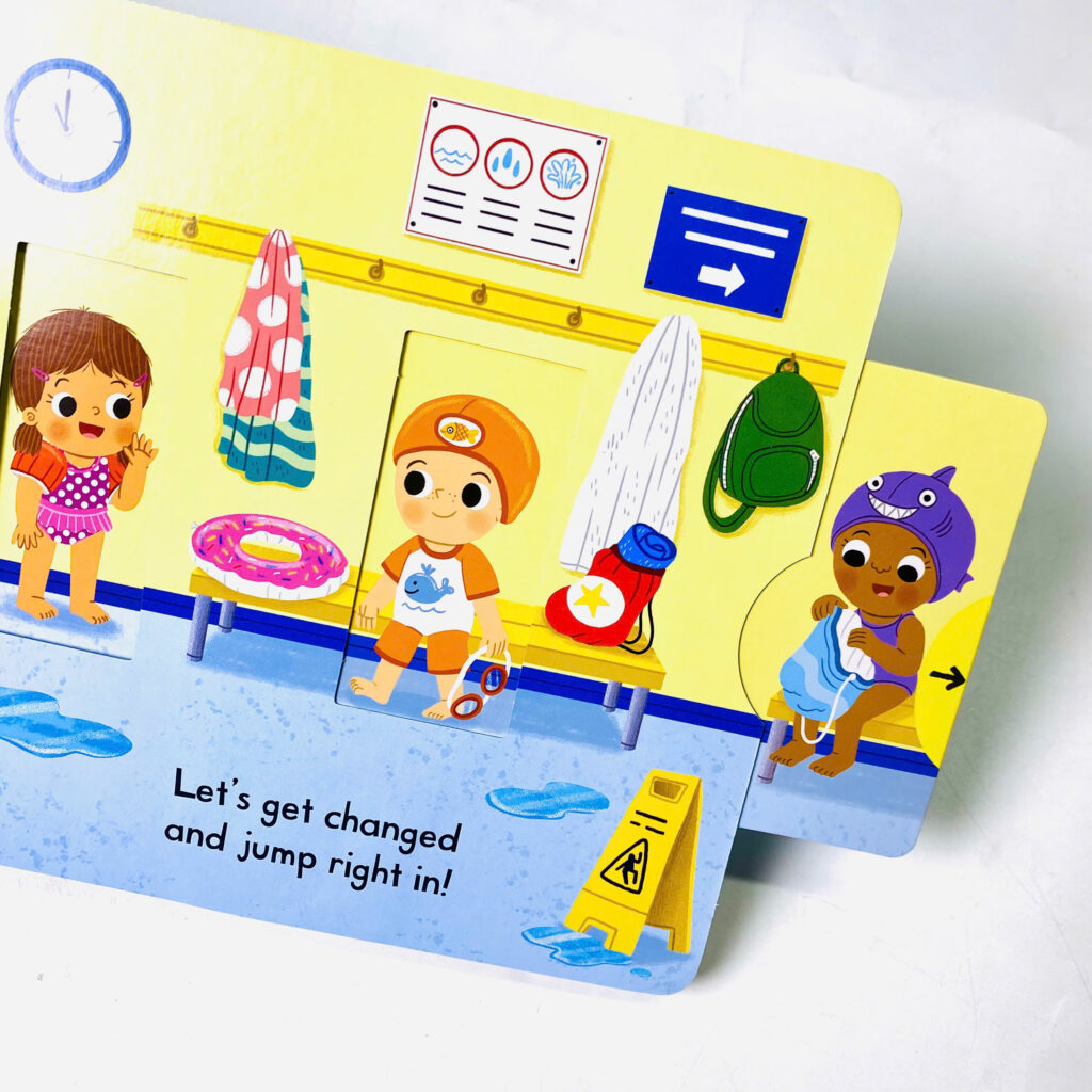 Sách Busy Swimming – Bé học kỹ năng bơi lội qua sách tương tác kéo trượt