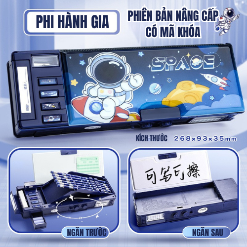 HỘP BÚT HỌC SINH ĐA NĂNG 2 MẶT – PHIÊN BẢN NÂNG CẤP CÓ KHÓA MÃ BẢO MẬT 9 Hộp bút học sinh đa năng chủ đề Phi Hành Gia có mã khóa và 2 mặt sử dụng.