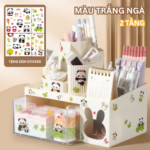 Kệ đựng bút xoay 2 tầng Panda màu trắng ngà, ngăn kéo trong suốt.
