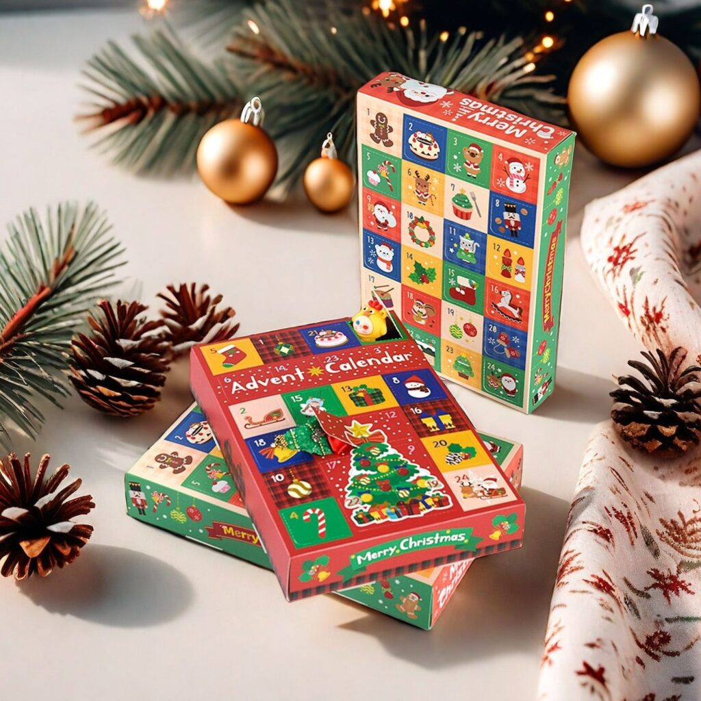 Hộp quà Giáng Sinh 24 ô – Món quà đếm ngược Noel khiến bé mong chờ từng ngày 12 Hộp quà Giáng Sinh 24 ô đặt cạnh đồ trang trí Noel